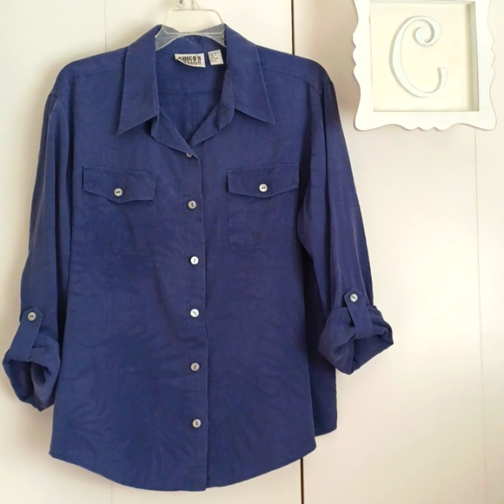 Chicos Design, 100% silk, blue longsleeve, button-down shirt. Sz 2.